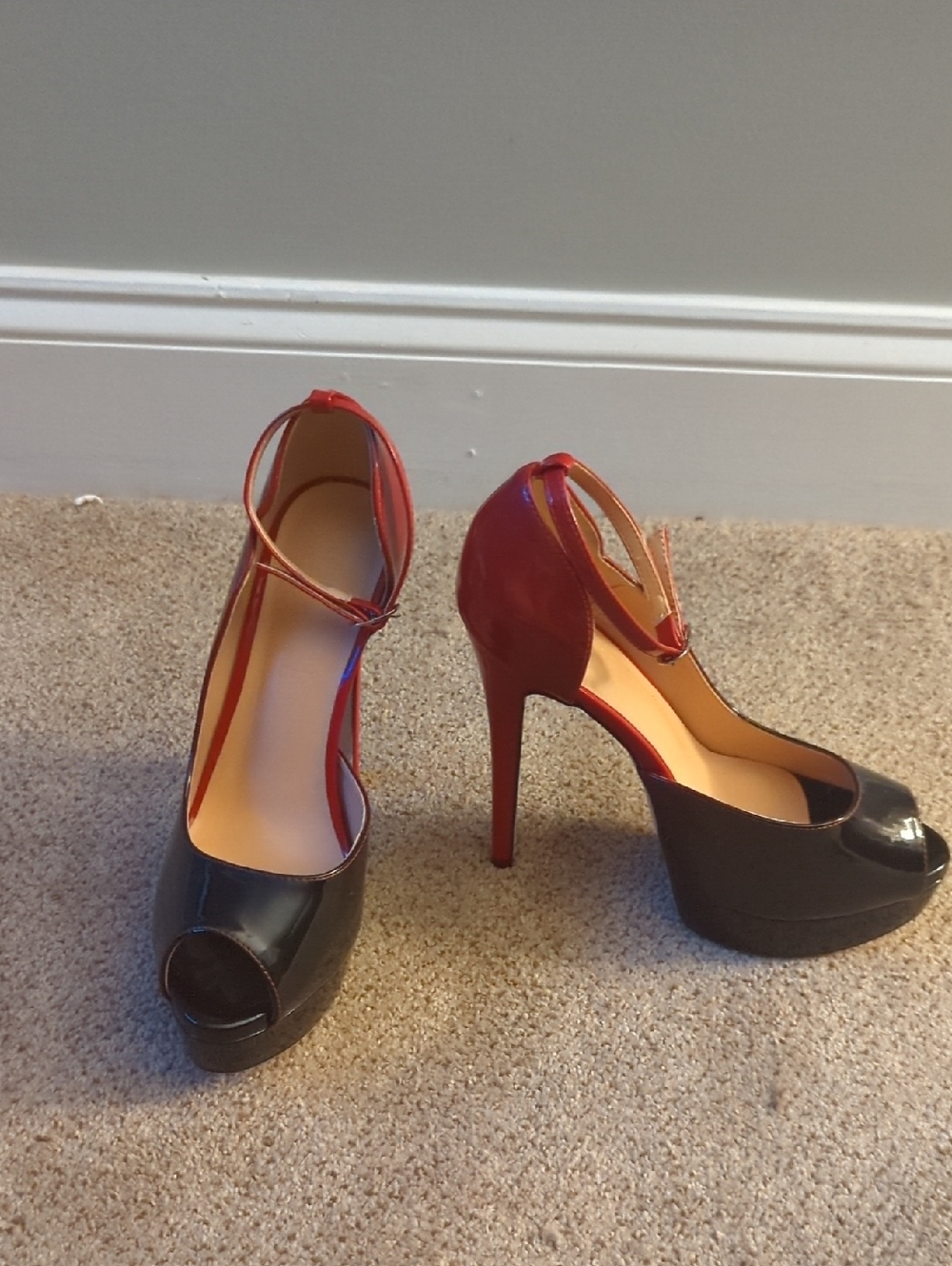Red and Black High Heel Peep-Toe Pumps with Ankle Strap